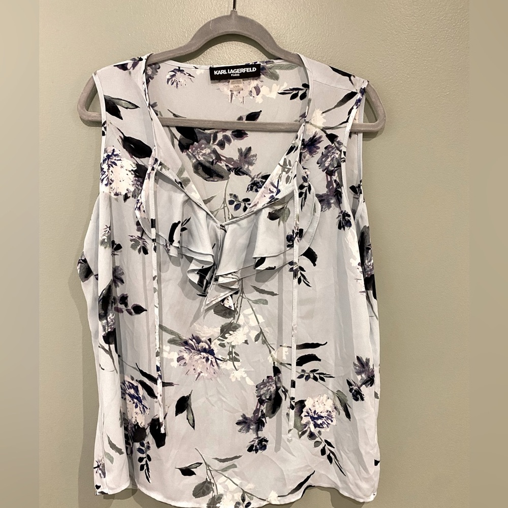 Karl Lagerfeld Floral Blue Purple Blouse Ruffle Tie in Front Sleeveless Sheer